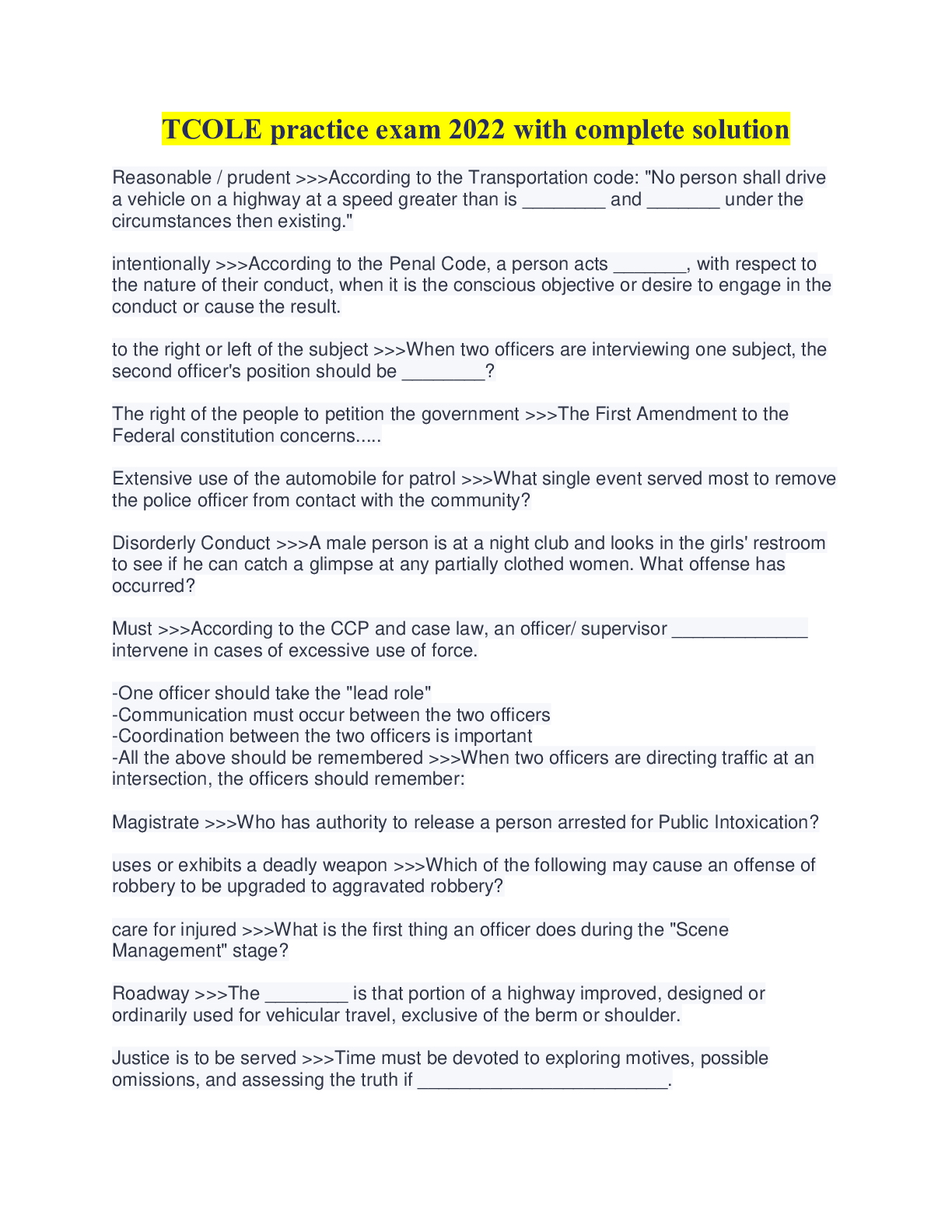 Preview image for TCOLE practice exam 2022 with complete solution